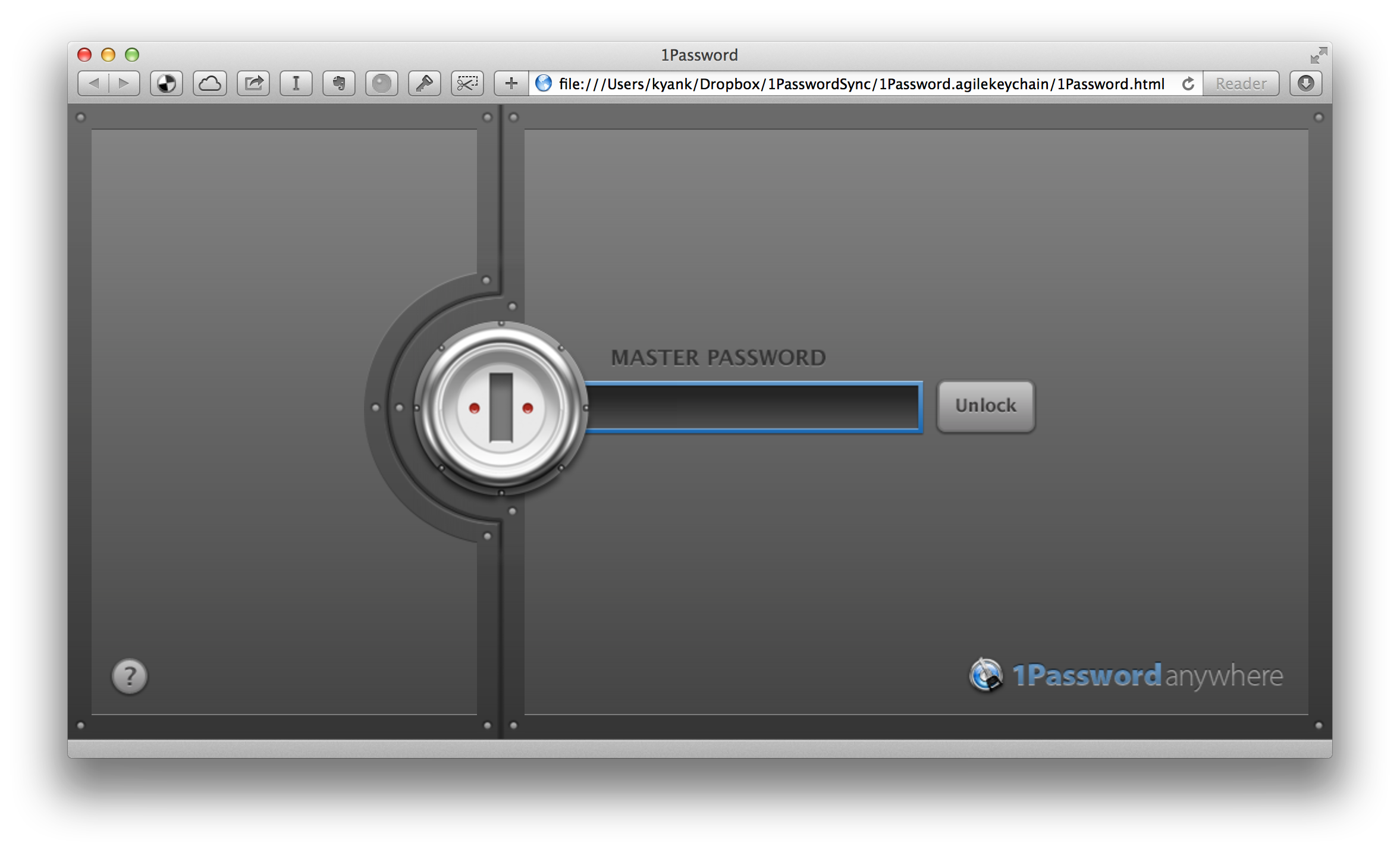 the 1Password Anywhere master password prompt