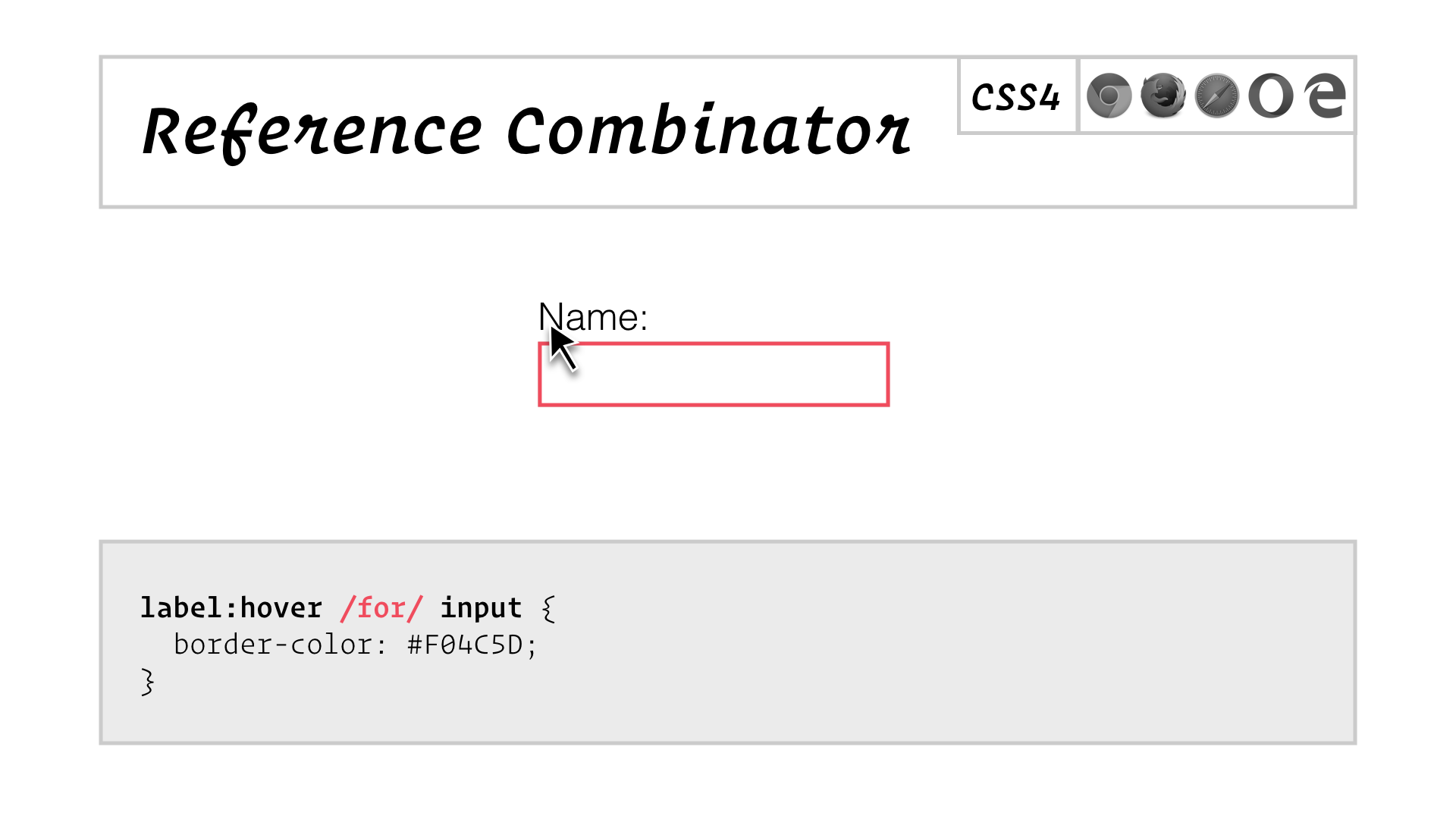 slide: Reference Combinator Example: label:hover /for/ input