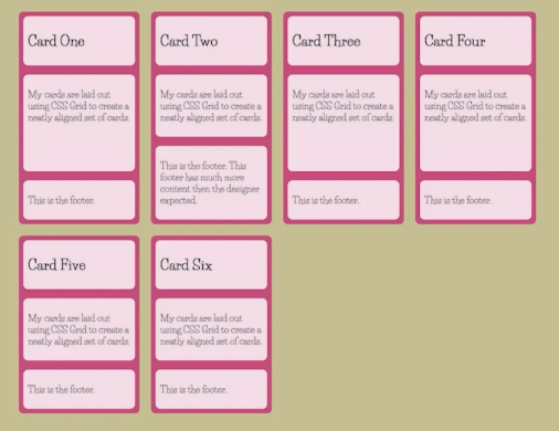 A grid of cards, each with three sections that divide the card into title/body/footer sections. The sections of adjacent cards all line up with each other in a visually pleasing way, except for the second card which has more content in its footer, causing that footer to occupy more vertical space, pushing it out of alignment with the implicit grid that otherwise exist across cards
