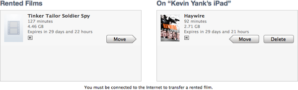 iTunes interface for transferring rented movies